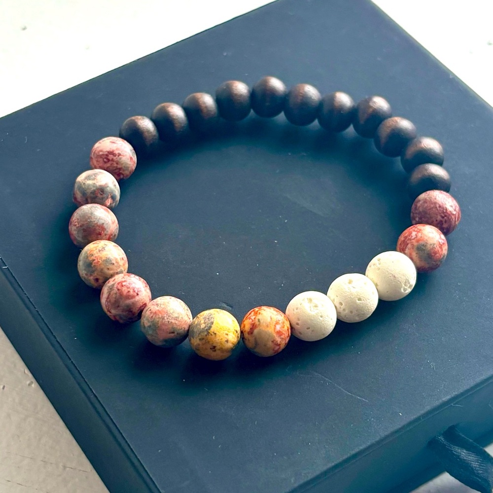 Red Leopard Skin Jasper & Wood Bead Diffuser Crystal Bracelet